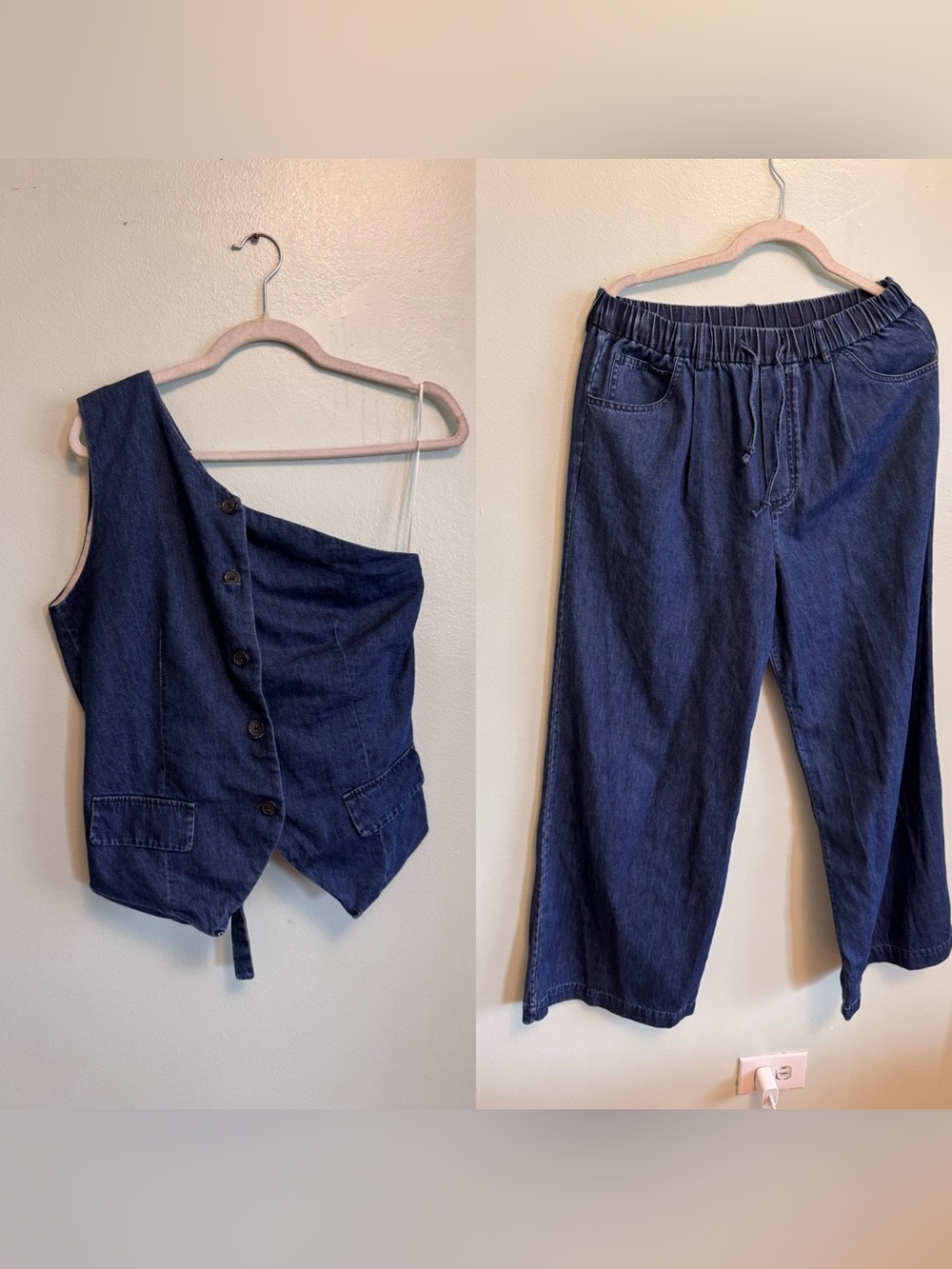 Dark Blue Wide Leg Pants & One-Shoulder Button Vest Set
